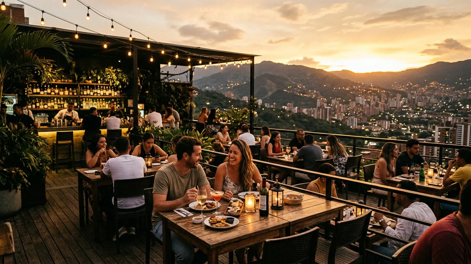 El Poblado rooftop at golden hour, Medellín