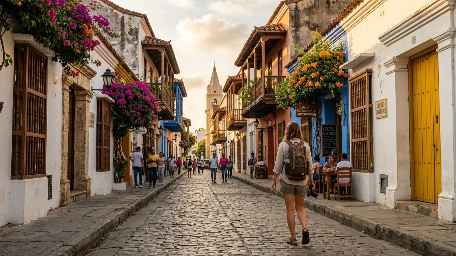 Colonial cobblestone street in Centro Histórico, Santa Marta